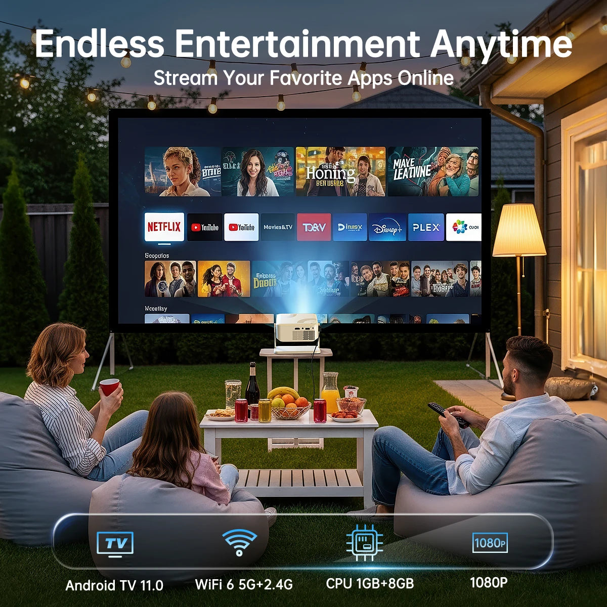 4K Android Projector Native 1080P 390ANSI Wifi 6 BT5.0 1920*1080P Auto Focus & Keystone Portable Projetor Home Theater