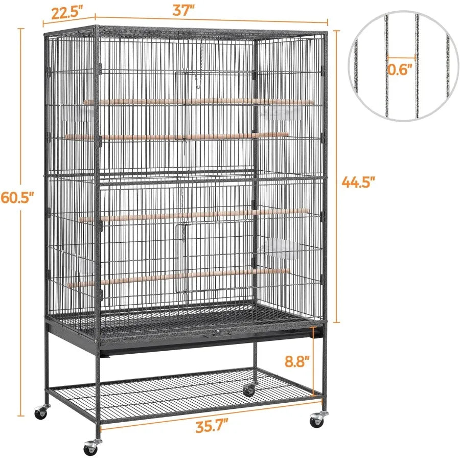 60.5inch Extra Large Metal Bird Cage with Spacious Flight Area Ideal for Cockatiels African Greys Quakers Green Cheek Conures a