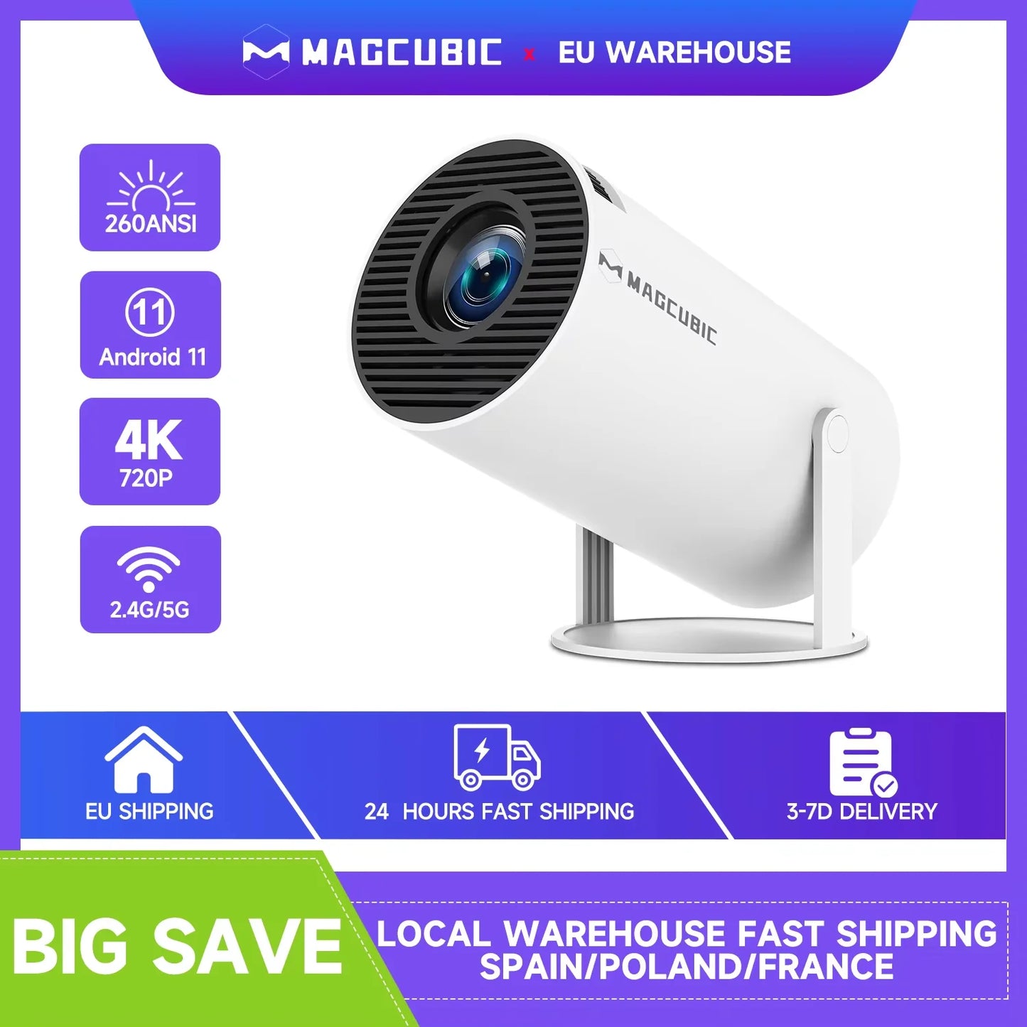 Transpeed Android 11 Wifi6 260ANSI Projector AllwinnerH713 1280*720P 4K180° flexible BT5.0 Home Cinema Outdoor portable Projetor