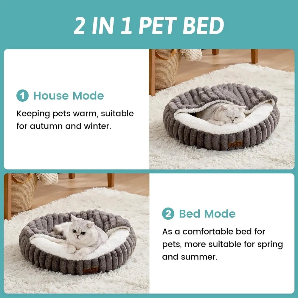 Cat Bed with Hooded Blanket, Round Fluffy Anti-Anxiety Pet Bed for Cats/Small Dogs, Cozy Donut Cuddler with Machine Washable Fau