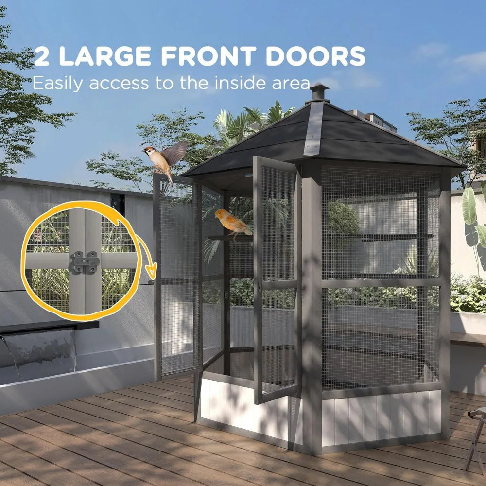 69" Large Wooden Hexagonal Outdoor Aviary Flight Bird Cage with Covered Roof, Light Gray