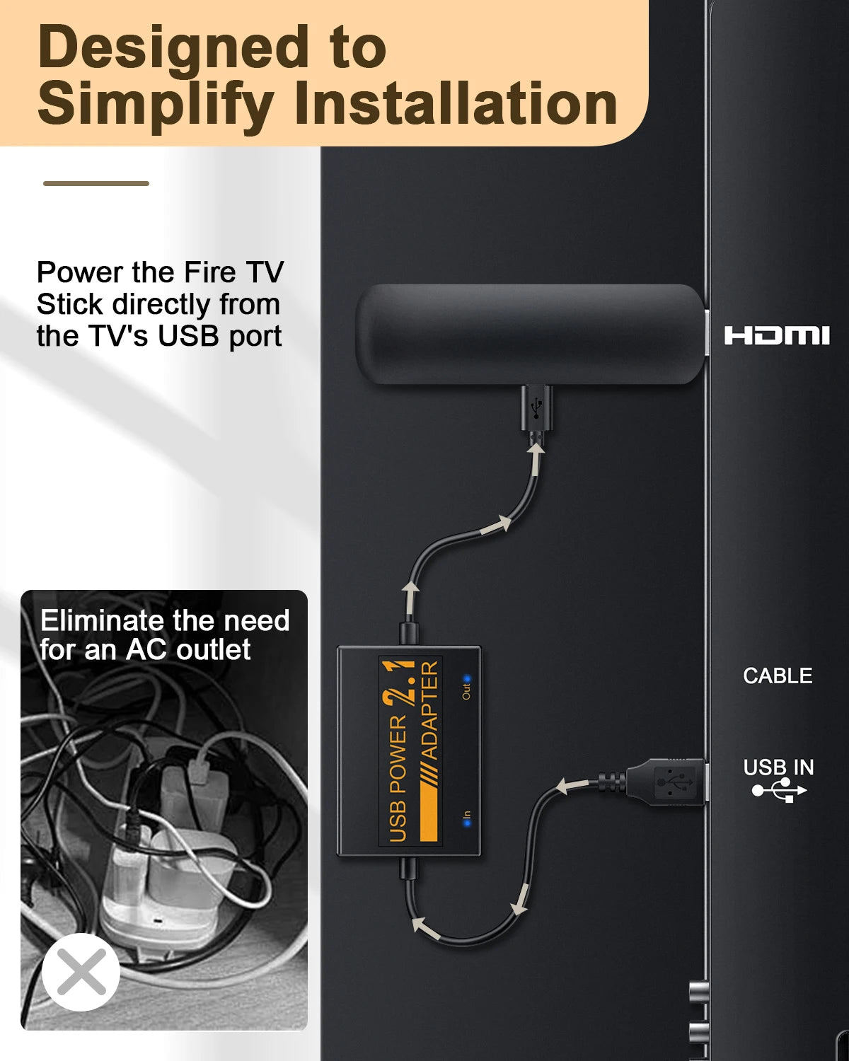 1800mAh Stabilized Supply USB Power Cable USB Power Cable for Amazon Fire TV Sticks Firestick Adapter Support 4K Video