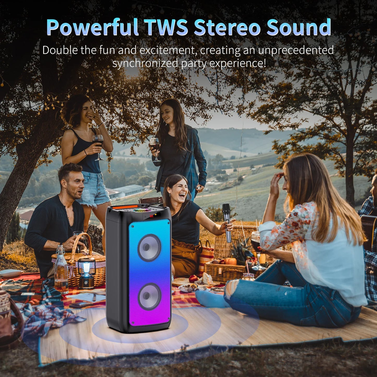 Wireless Bluetooth Speaker, Karaoke Machine with 2 Microphone, Home Karaoke System with LED Party Light, Remote Control