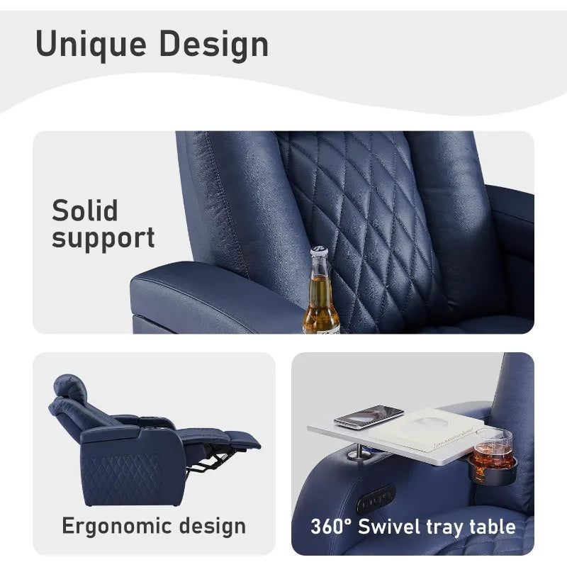3-Piece Power Recliner Sofa Set, Top Grain Leather with USB & Blue Lighting