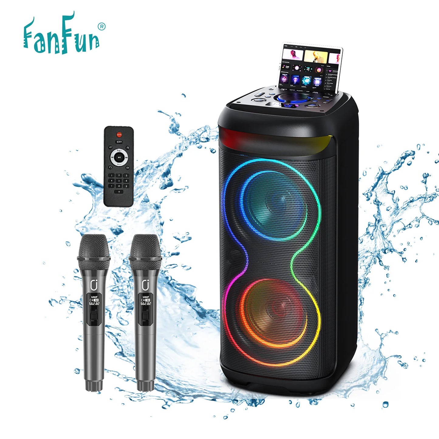 Karaoke Machine with 2 Wireless Microphones, Portable Bluetooth Karaoke Speaker for Outdoor, Big Party Speaker with Disco Lights