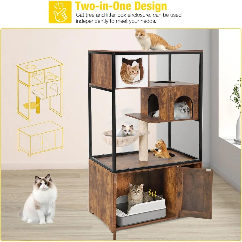 Wooden Cat Washroom Furniture - Enclosure with Hidden Litter Box, Condo, Hammock, Scratching Mat and Storage Shelves