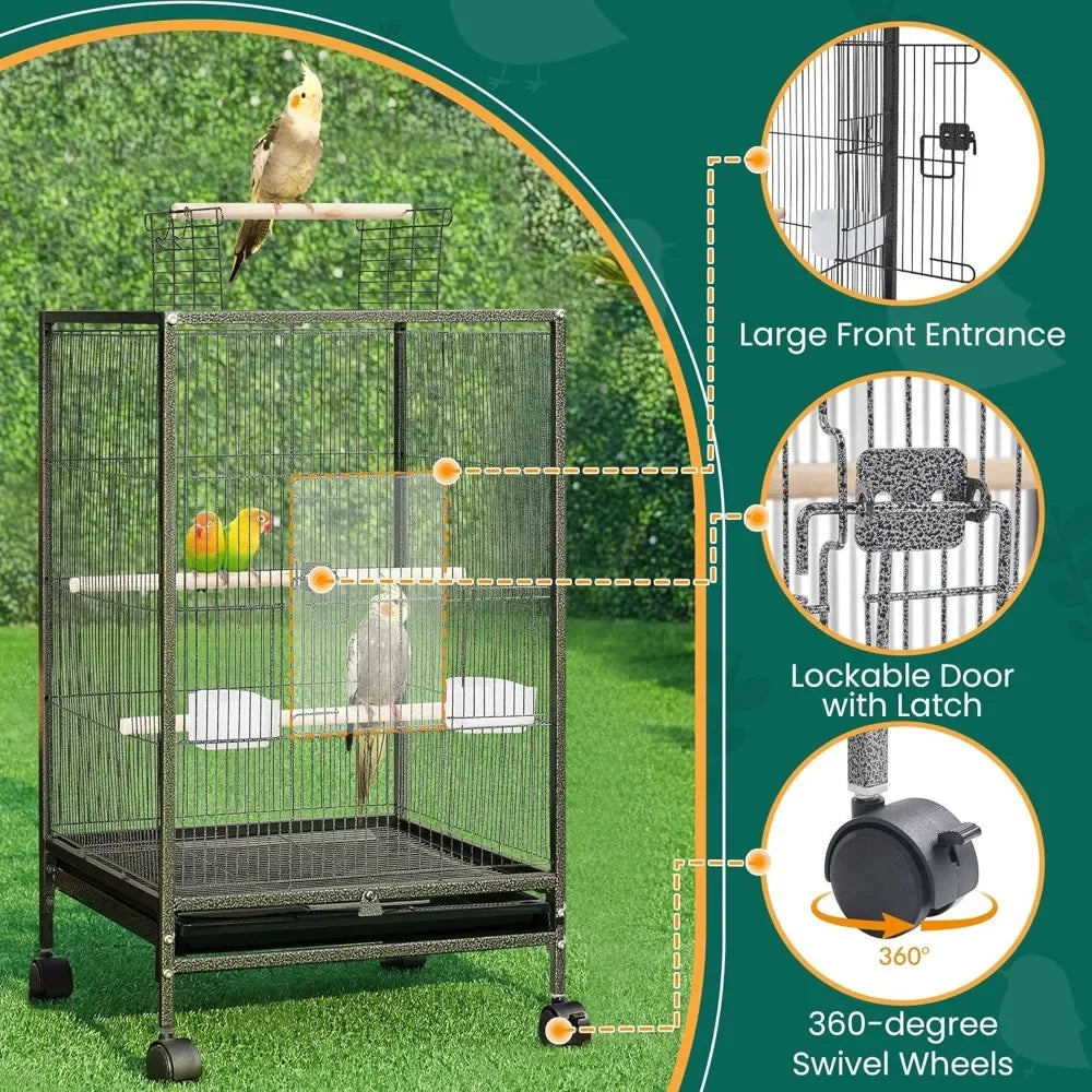 35 inch Wrought Iron Bird Cage w/Play Open Top and Rolling Stand for Small Birds Like Parrots Conure Lovebird Cockatiel