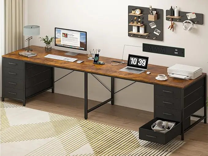 110" 2 Person Desk with 8 Drawers, Large Writing Home Office Desks with Outlets, I Shaped Workstation Double Desk Drawer Organi