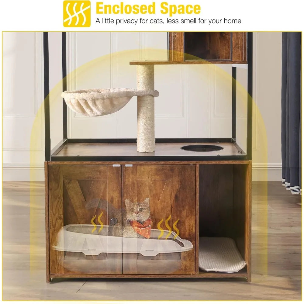 Wooden Cat Washroom Furniture - Enclosure with Hidden Litter Box, Condo, Hammock, Scratching Mat and Storage Shelves