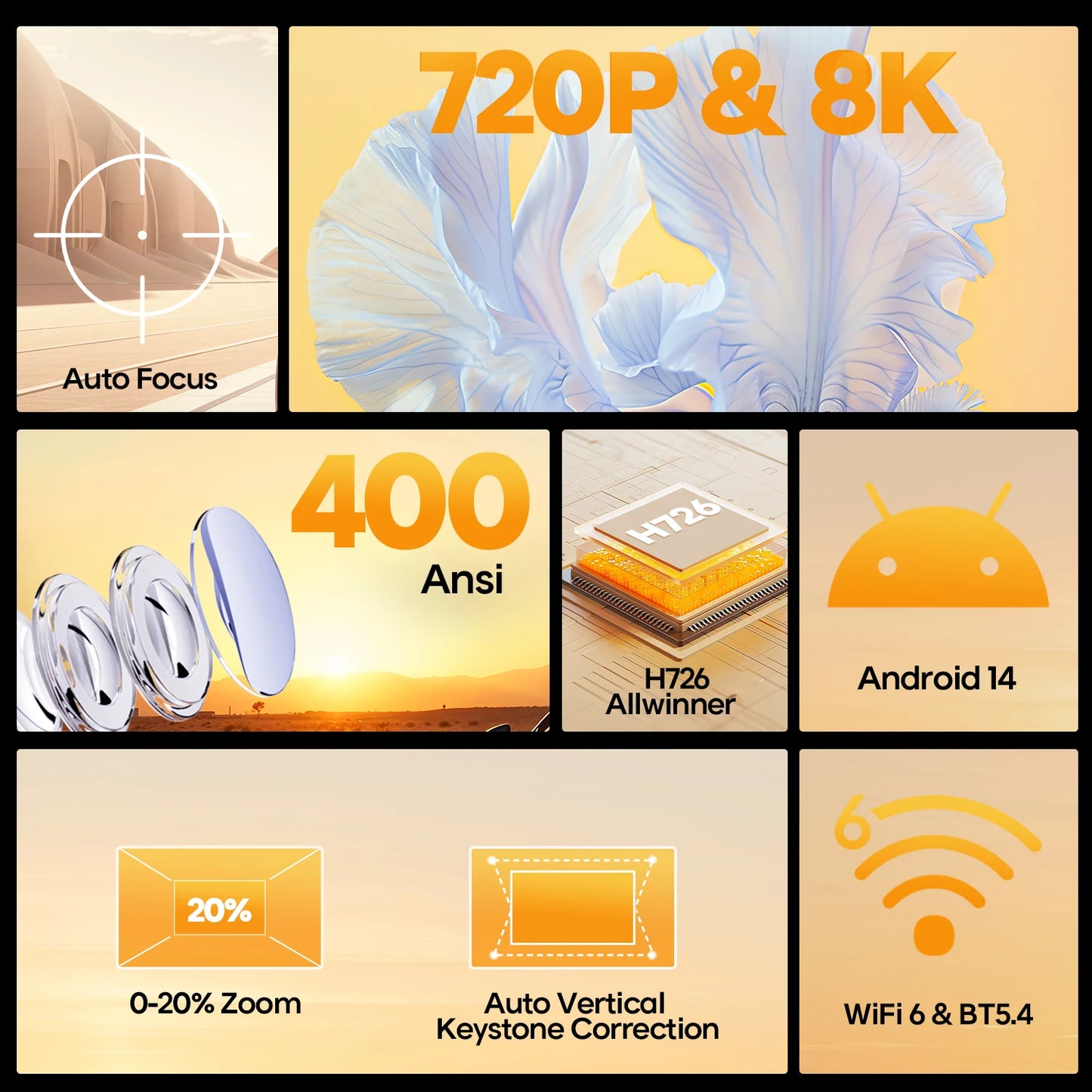Magcubic Android 14 Auto Focus HY300Max Portable Projector 400ANSI WiFi6 Projector Support 8K Full HD Home Outdoor Cinema HY300