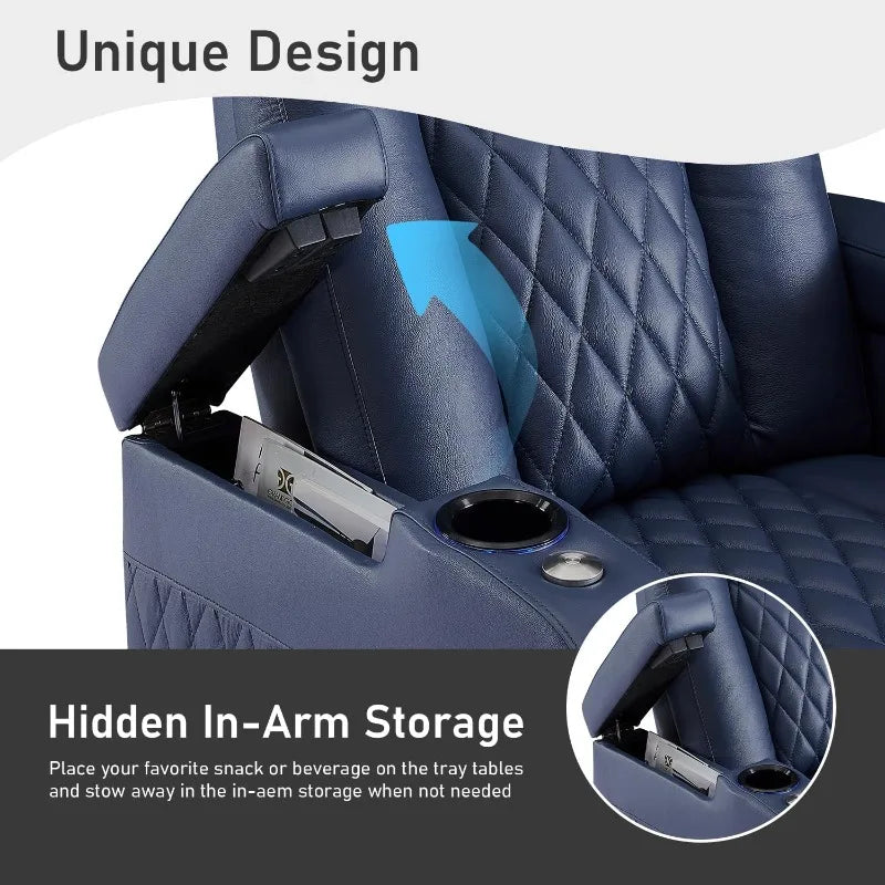 3-Piece Power Recliner Sofa Set, Top Grain Leather with USB & Blue Lighting