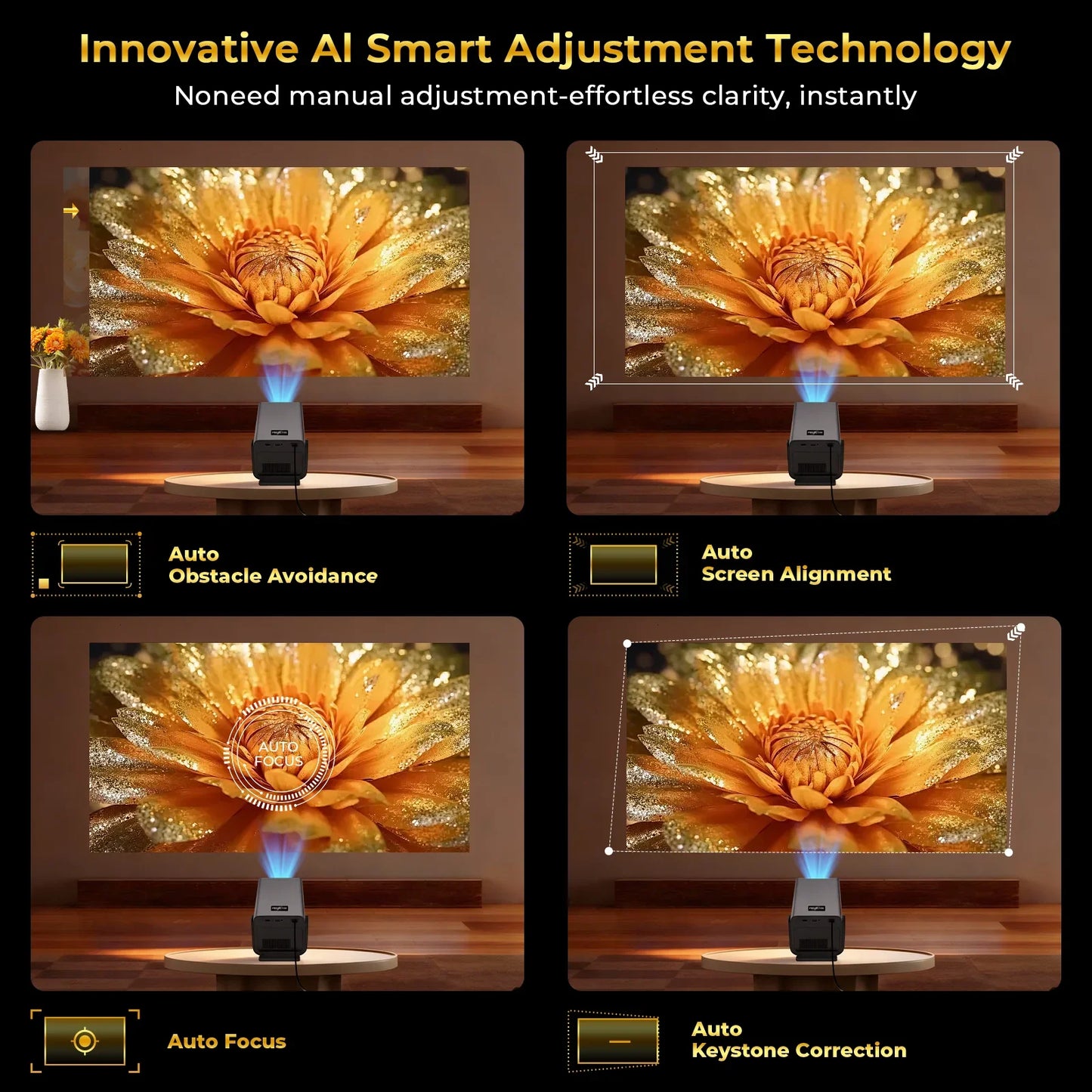 Smart Android Projector with Auto Focus & Auto Keystone Correction, Native 1080P Supports 8K Movie Beamer for Home Entertainment