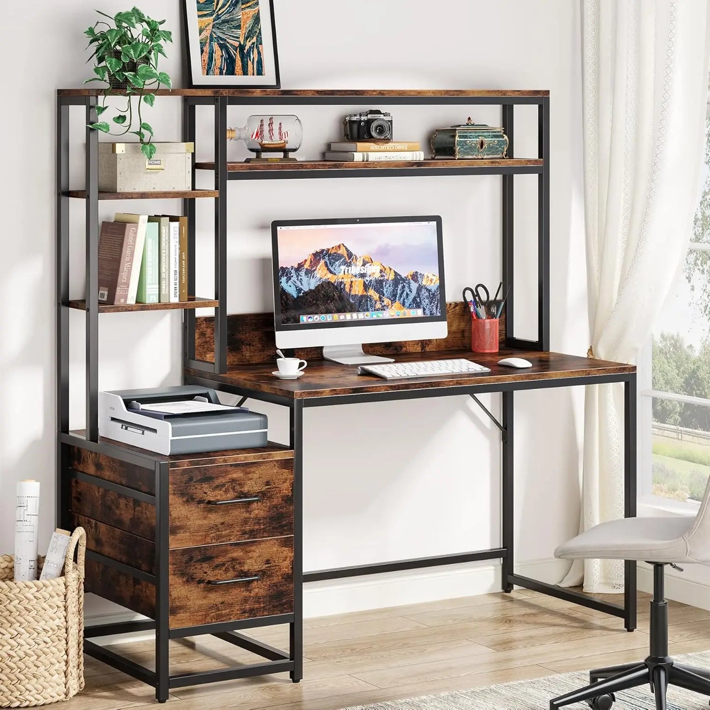 55 Inch Computer Desk with 2 Drawers and Storage Shelves, Modern Study Writing Gaming Table Laptop Workstation for Home Office