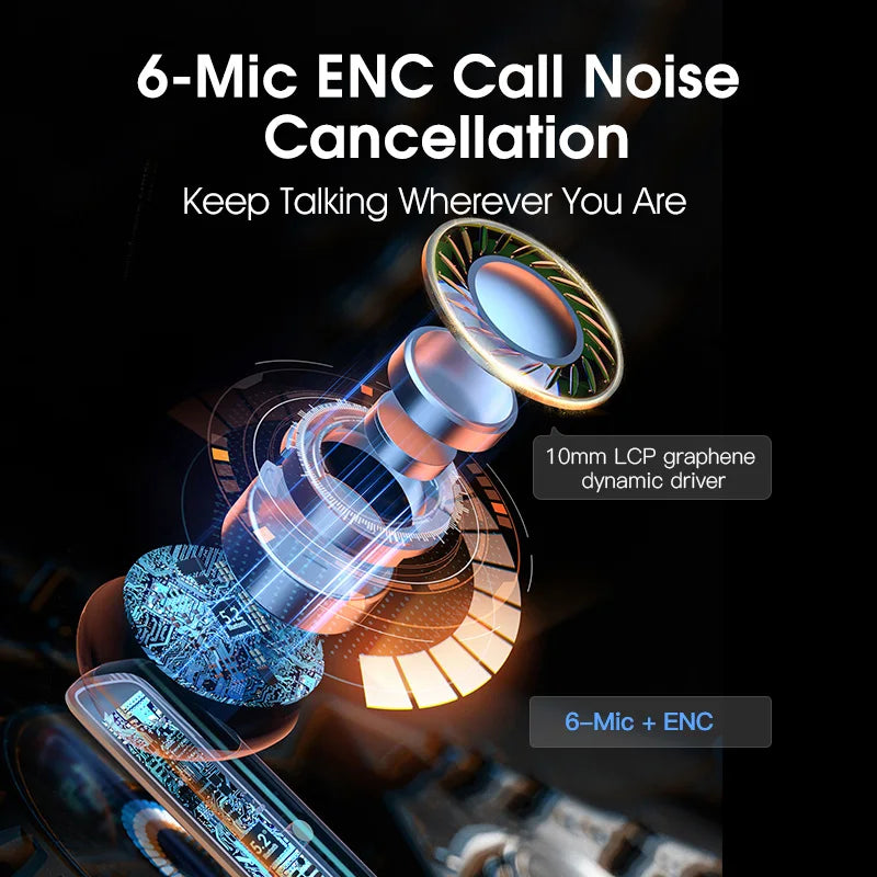 Wireless Earphone 40dB Noise Cancelling Bluetooth 5.2 Headphone 6 Mic ENC HD Call TWS Earbuds Transparency Mode