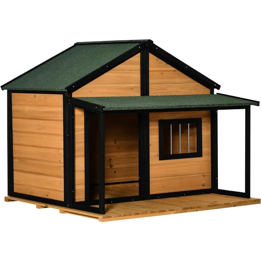 Outdoor Dog House Cabin Style, Wooden Raised Pet Kennel with Asphalt Roof, Front Door, Side Window, Porch for Medium/Large