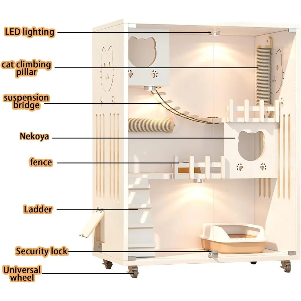 Large Luxury Wood Cat House, Indoor/Outdoor Cat Cage Large Space with Wheels, Multi-Feature Enclosed Cat Condo for Indoor Cats V
