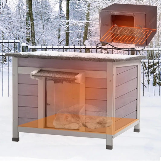Heated Outdoor Cat House with Insulated Heating Blanket for Winter Protection Bite-Resistant Wire Mesh Weatherproof Shelter for