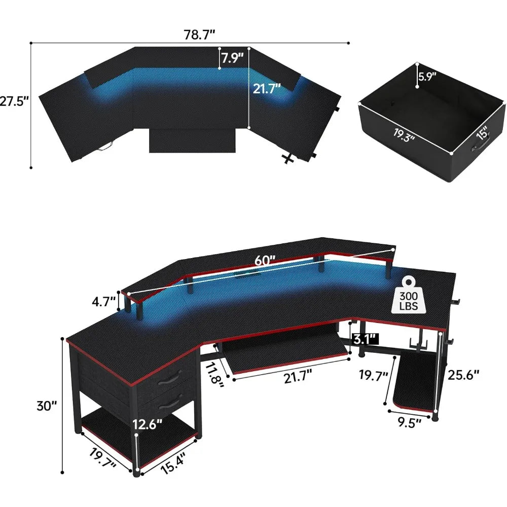 79" Gaming Desk, Computer Desk with 2 Fabric Drawers & LED Light, L Shaped Gaming Desk with Storage Shelf for Home Office