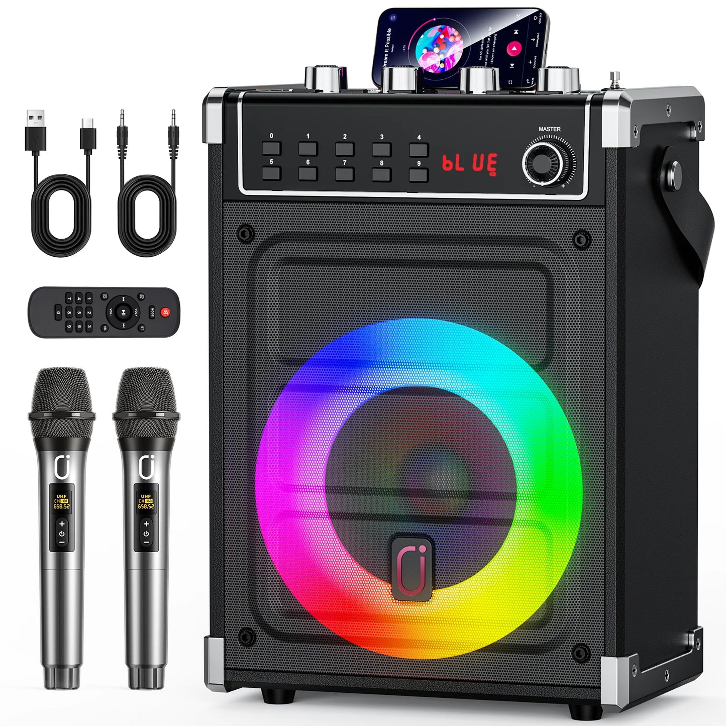 Karaoke Machine with 2 Wireless Microphones,Support TWS,AUX in,FM,REC PA System with Remote Control,Supply for Party/Adults/Kids