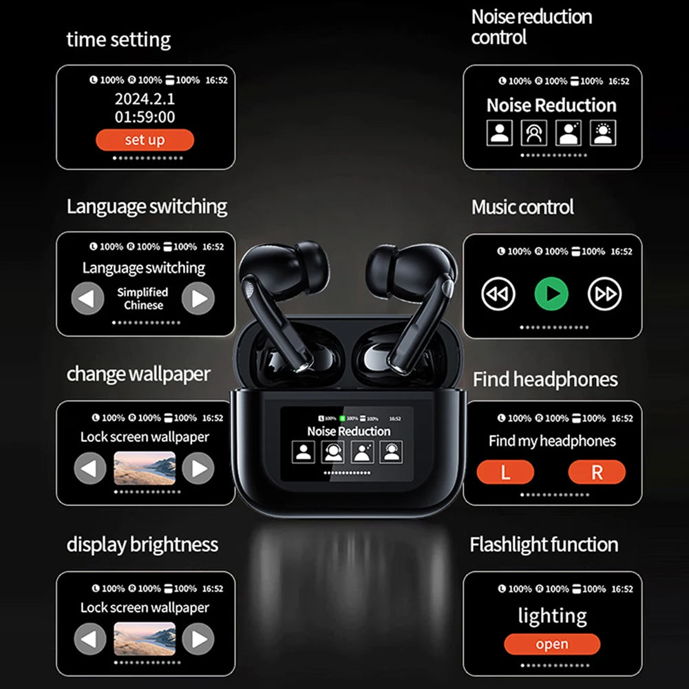 Wireless BT 5.4 Real Time Translator Earbuds ANC Noise Cancelling 144 Languages Translator Headset Smart Touch Screen Housing