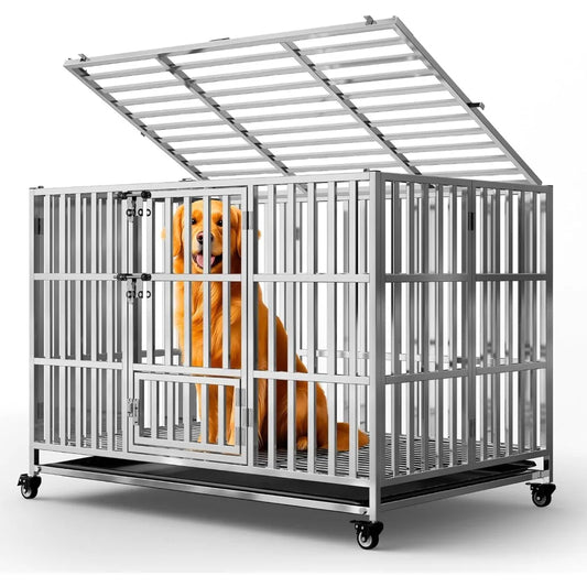 42" Heavy Duty Dog Crates for Large Dogs, Upgraded 4 Lockable Wheels, Stainless Steel Kennel Dog Kennel Indoor, Max Load 300Lbs,