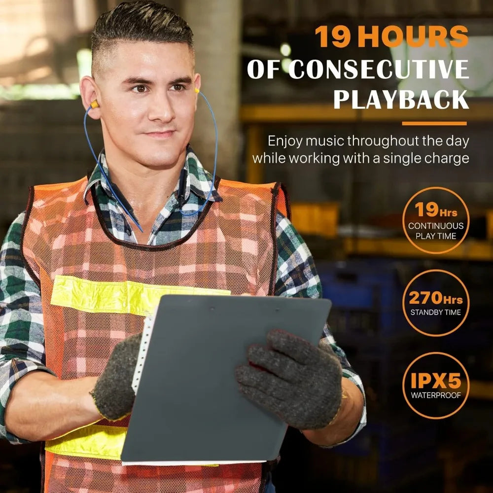 Bluetooth Neckband Earplugs, 29dB Noise Reduction, 19+ Hr Battery, Safety Earbuds for Lawn Mowing/DIY, Includes Replacement Buds