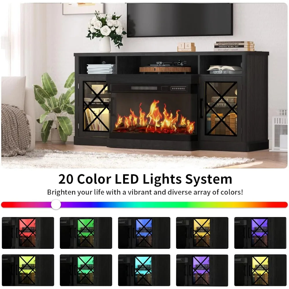 Black 3 Sided Fireplace TV Stand with Led Lights and Outlets-Entertainment Center for Up to 75 inch TV-Modern TV Console for Liv