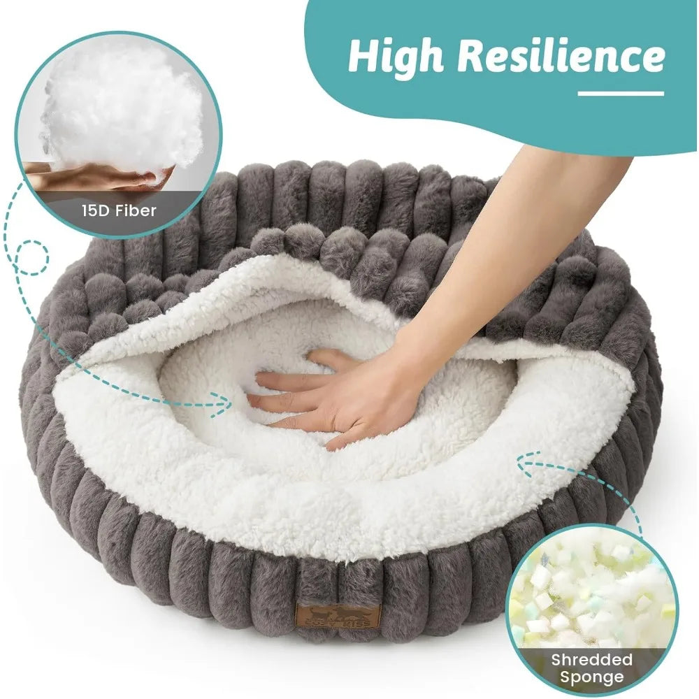 Cat Bed with Hooded Blanket, Round Fluffy Anti-Anxiety Pet Bed for Cats/Small Dogs, Cozy Donut Cuddler with Machine Washable Fau