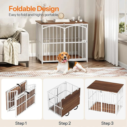 HOOBRO Foldable Dog Crate Furniture, 31.5 Indoor Dog Kennel No Assembly, Wooden Dog Cage Decorative Side End Table, for Medium S