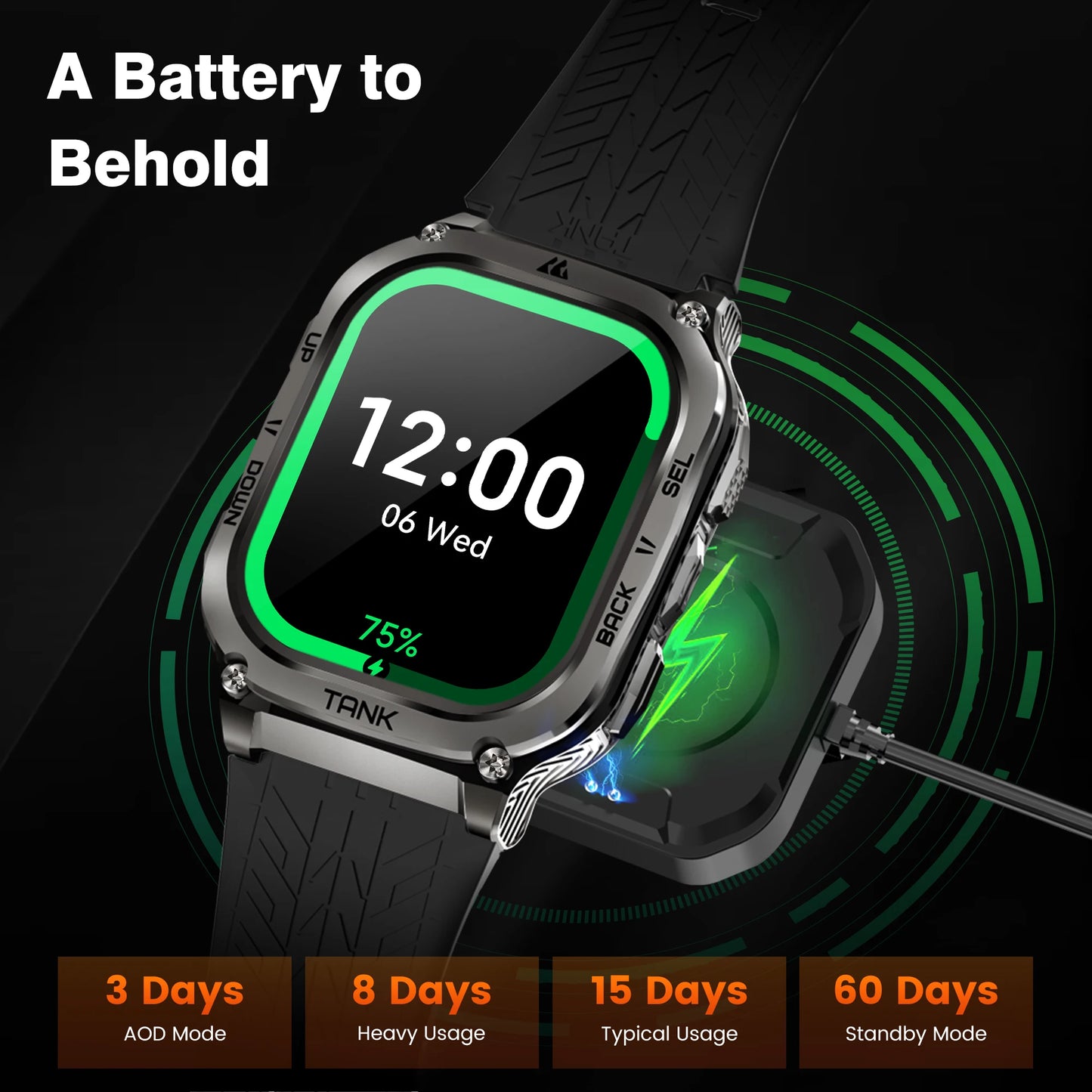 KOSPET TANK M3 Rugged Smart Watch For Men 480mAh 60Days Battery Military Grade AMOLED AOD Bluetooth Call IP69K 5ATM Waterproof