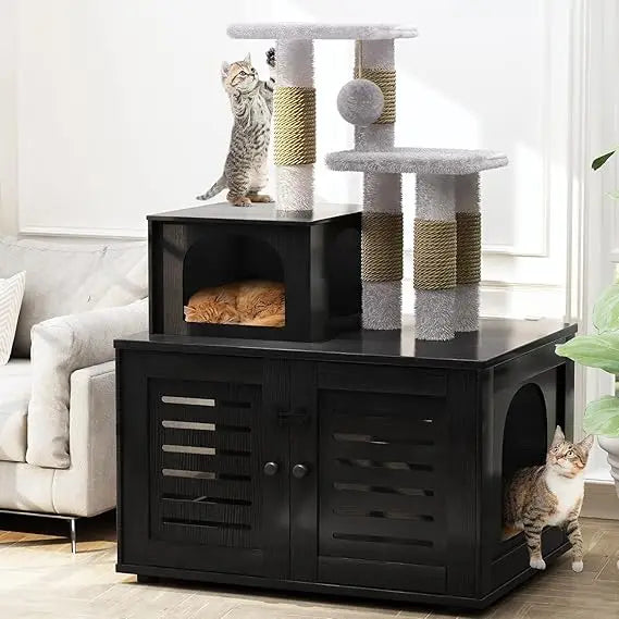Cat Litter Box Enclosure with Cat Tree Tower 2-in-1 Hidden Pet Washroom Furniture with Scratching Post and Soft Plush Perch Plat