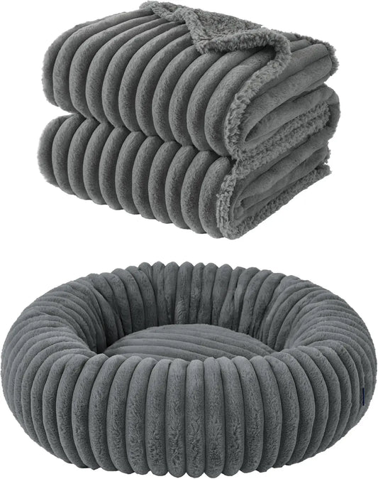 Donut Large Dog Bed 30x30x8 inches with Waterproof Dog Blankets for Medium Dogs 30'x40', Warm Grey