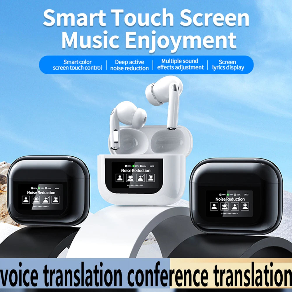 Wireless BT 5.4 Real Time Translator Earbuds ANC Noise Cancelling 144 Languages Translator Headset Smart Touch Screen Housing