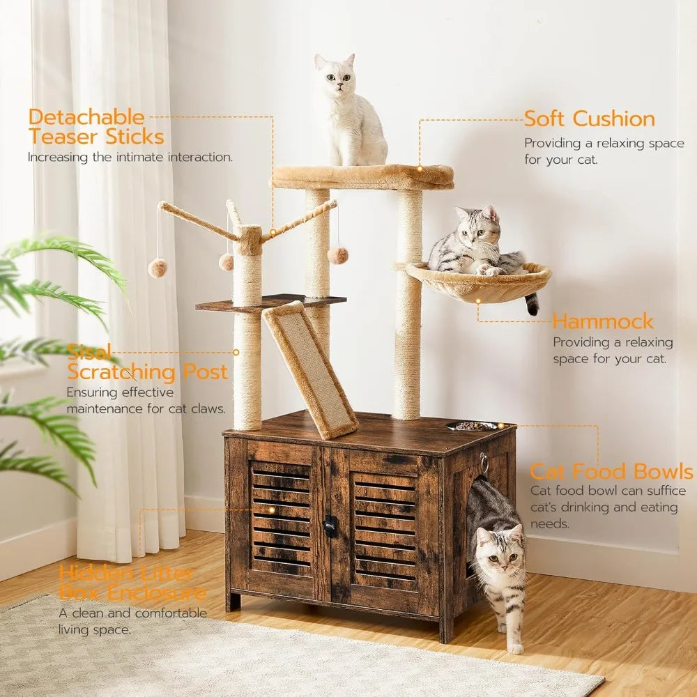 Cat Tree with Litter Box Enclosure, 44 Tall Wooden Cat Tower with Scratching Posts, Cat Hammock, Hidden Litter Box Furnit