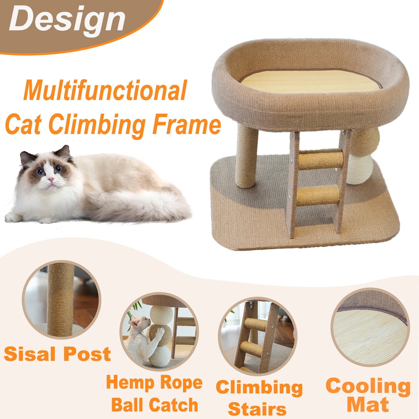 Large Indoor Cat Climbing Frame, Tower Bed with Ice Mat, Hanging Sisal Ball, Suitable for Kittens and Adult Cats