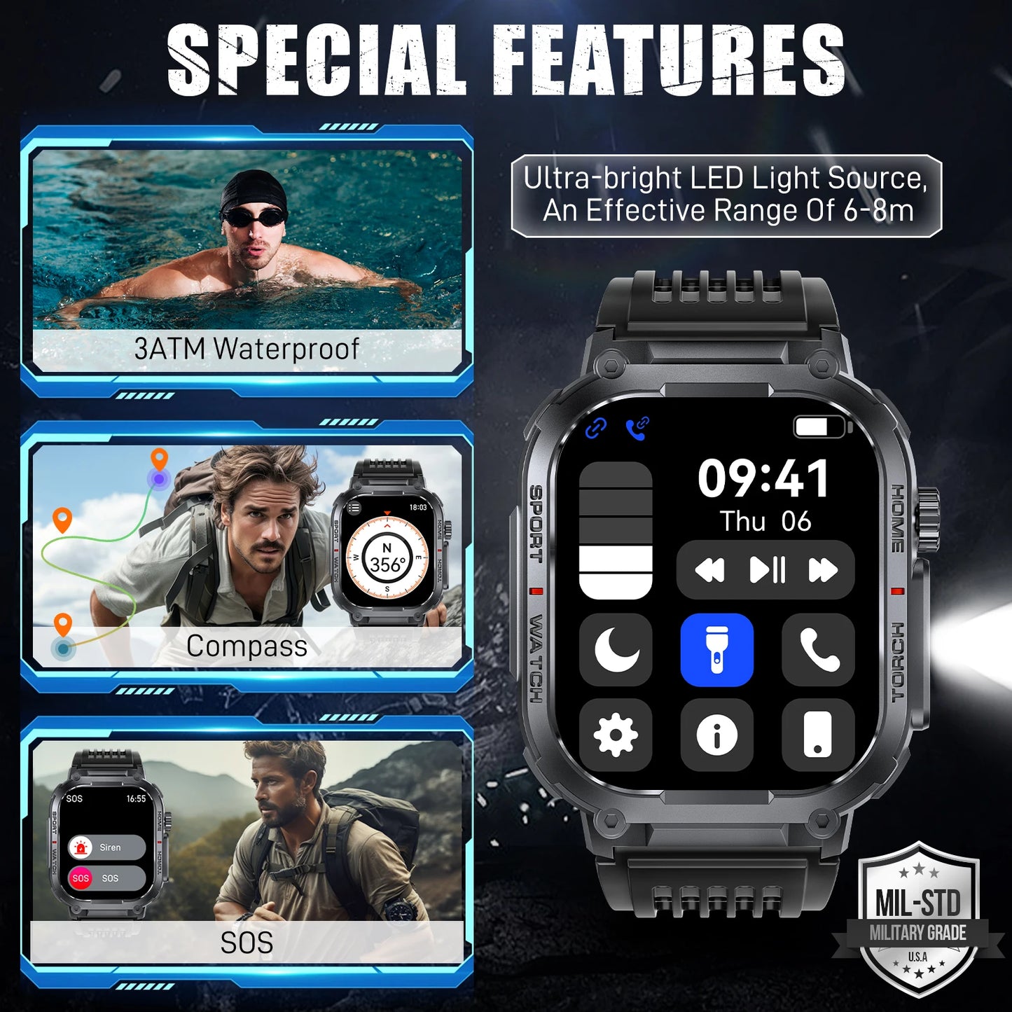 LaNikar New Smart Watch Men 3ATM Waterproof 2.02"S320B With Compass And LED Flashlight Sports And Fitness Tracking Heart Rate