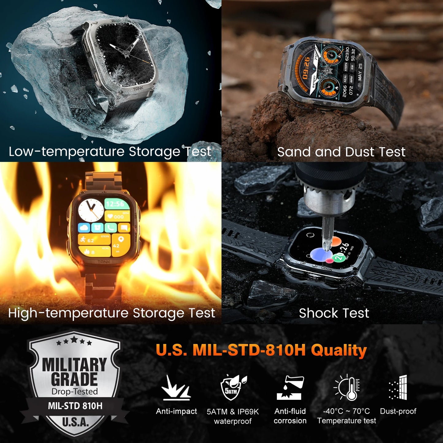 KOSPET TANK M3 Rugged Smart Watch For Men 480mAh 60Days Battery Military Grade AMOLED AOD Bluetooth Call IP69K 5ATM Waterproof