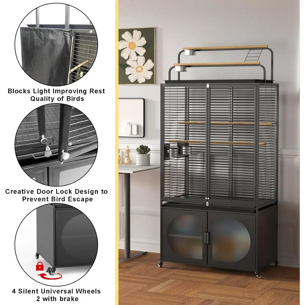 72-Inch Bird Cage with Play Top, Parakeet Cage with Rolling Storage Cabinet Extra Large with Cover for Parrot, Cockatiel, Budgi
