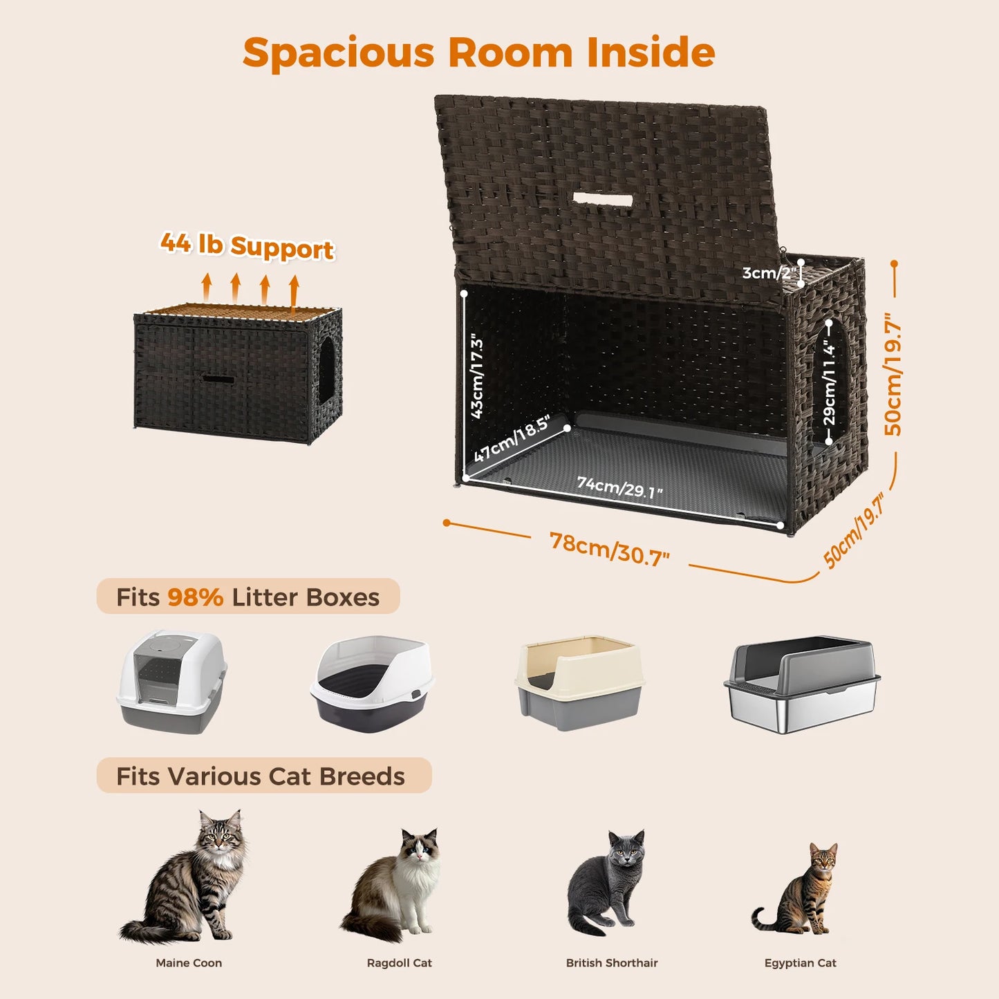 Cat Litter Box Enclosure Furniture with Door Hidden Litter Box Handwoven Rattan Cat House Bed for Large Cats Indoor Room Winter
