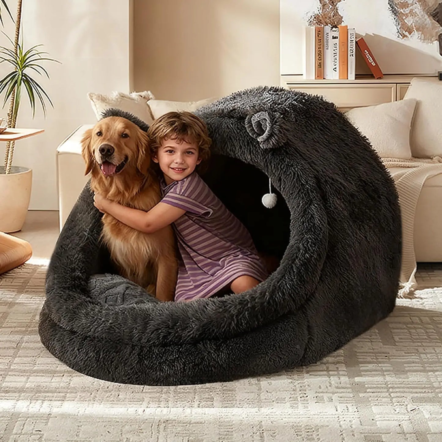 Jumbo Plush Pet Bed with Canopy - 55'x43'x35', Gray, Removable Pillow & Blanket, Machine Washable, Bunny Ear Design