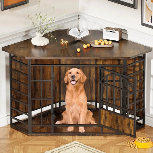 Large 52 Inch Corner Dog Crate Furniture, Indoor Wooden End Table with Modern Dog Cage Design, Decorative Pet House for TV Stand