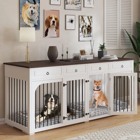 86.6" Extra Large Dog Crate Furniture for Large Breeds,XXXL Wooden Double Dog Crates Kennel Cage Furniture Style TV Stand Side E