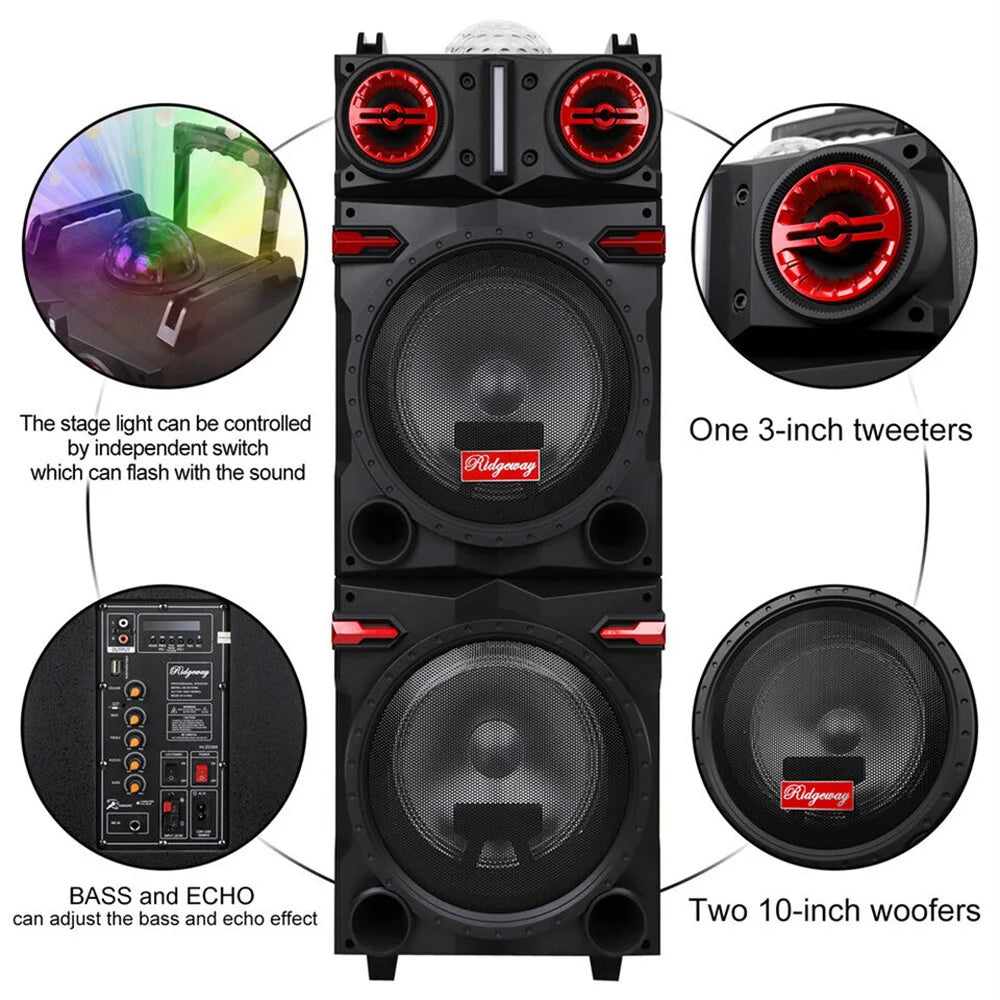 9000W Bluetooth Speaker Dual 10" Woofer Rechargable For Party FM Karaok DJ AUX Heavy Bass Sound System Speaker Led Light w/Mic