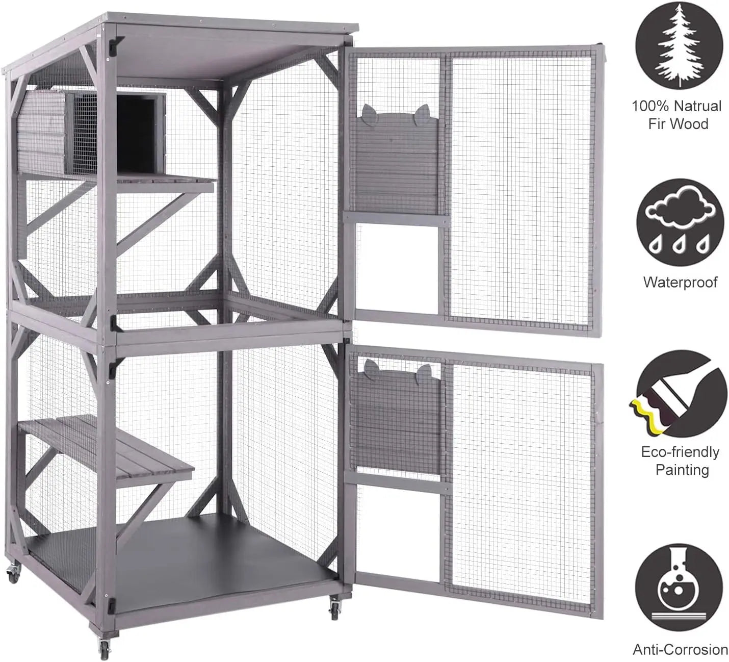 Indoor and Outdoor Cattery, Large Wooden Cat Cage with Wheels, 70.9-inch Upgraded Dog Cage with Reinforced Wooden Bars