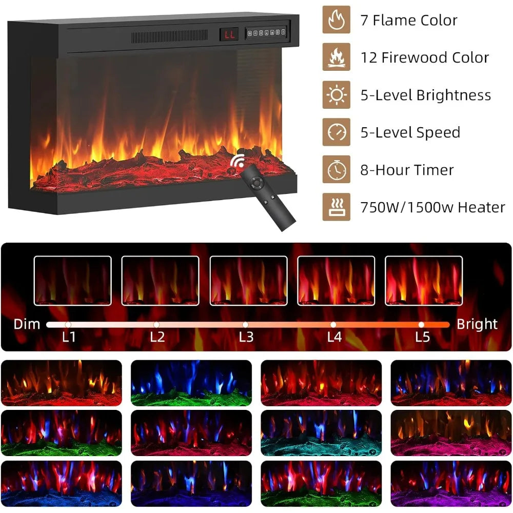 Black 3 Sided Fireplace TV Stand with Led Lights and Outlets-Entertainment Center for Up to 75 inch TV-Modern TV Console for Liv