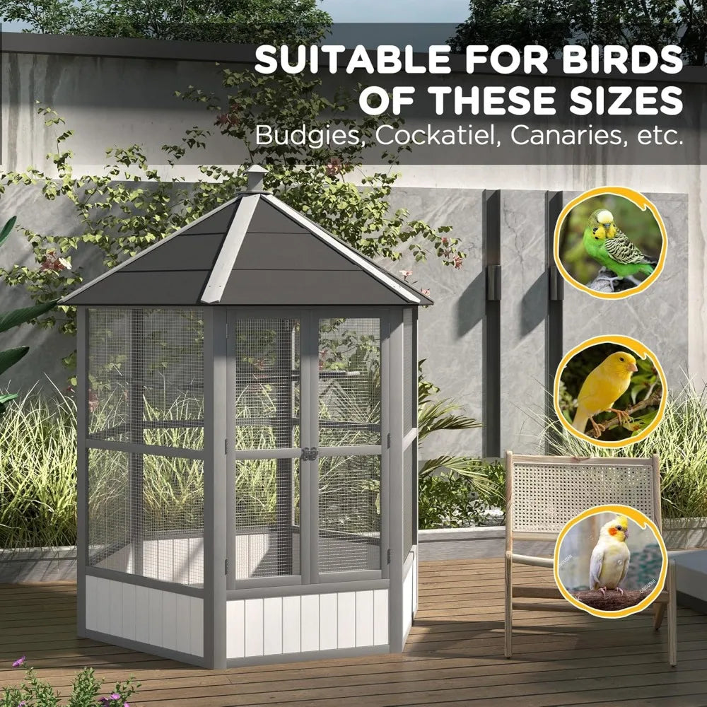 69" Large Wooden Hexagonal Outdoor Aviary Flight Bird Cage with Covered Roof, Light Gray