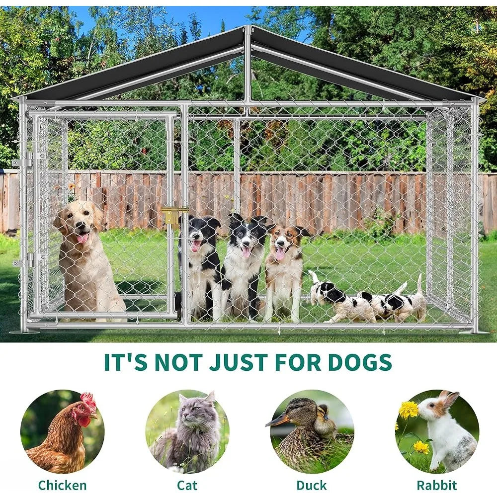 7.5'x7.5' Outdoor Dog Kennel with Metal Dog Gate, Outdoor Dog Pens with Roof, Heavy Duty Dog Kennel for Backyard Farm