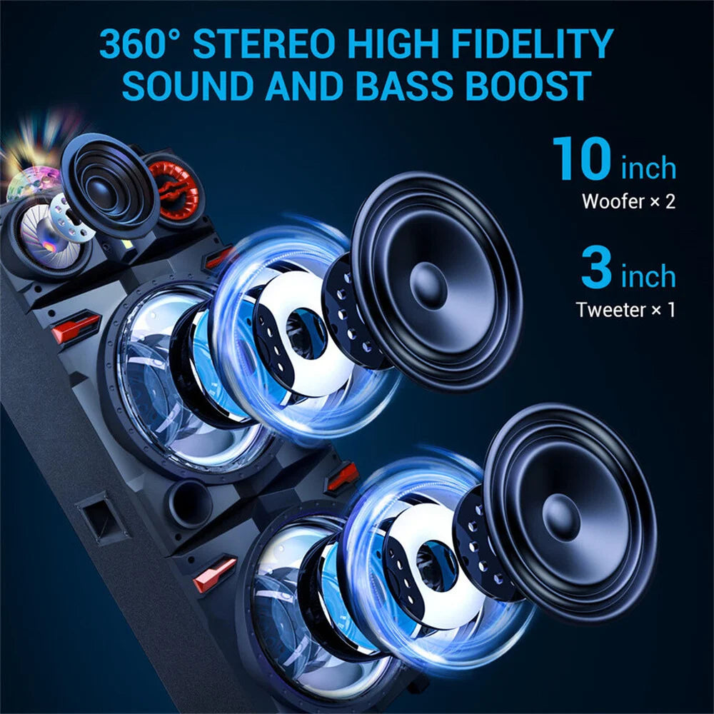 9000W Bluetooth Speaker Dual 10" Woofer Rechargable For Party FM Karaok DJ AUX Heavy Bass Sound System Speaker Led Light w/Mic