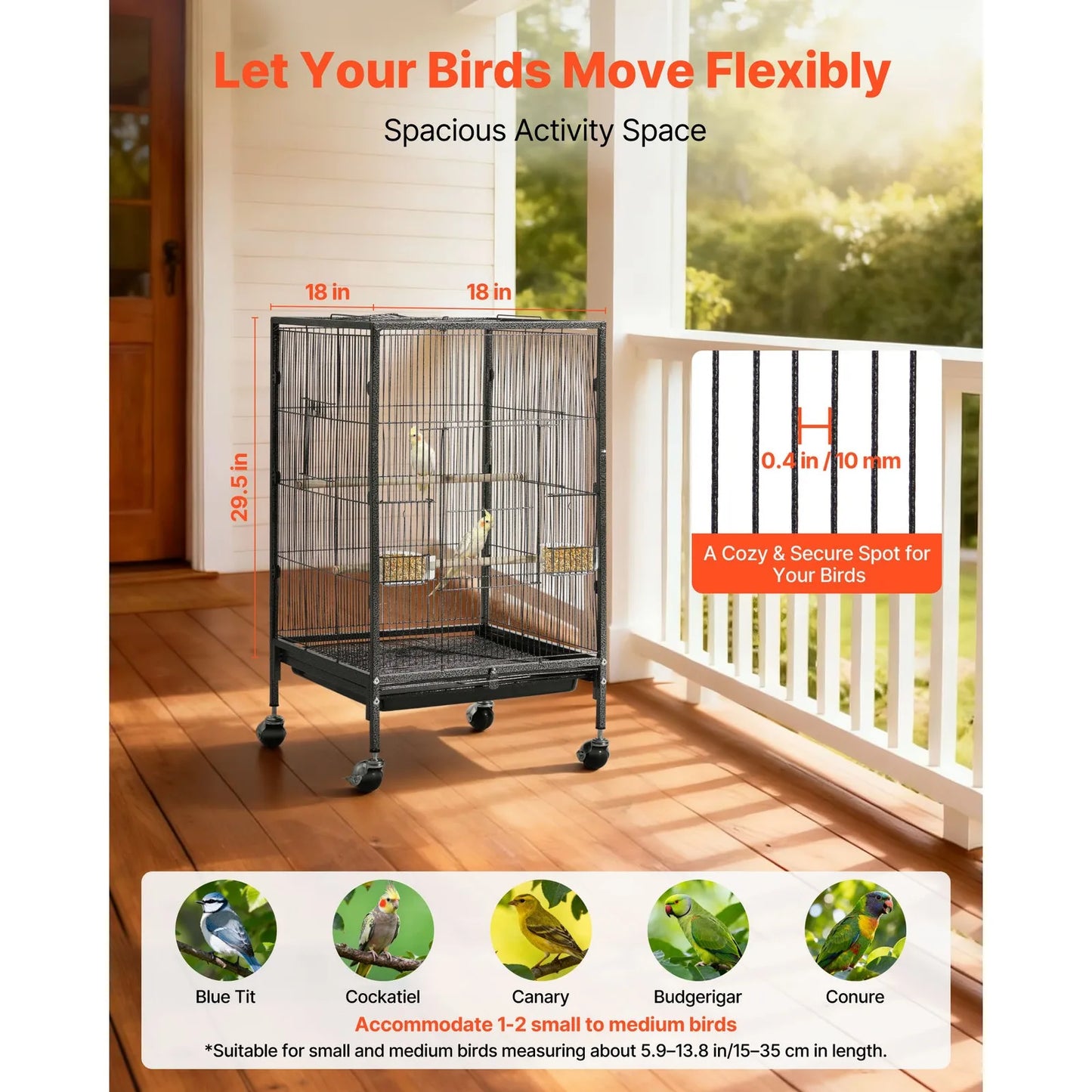 Bird Cage with Open Flat Top, 18 x 18 x 30 inch, Wrought Iron Design