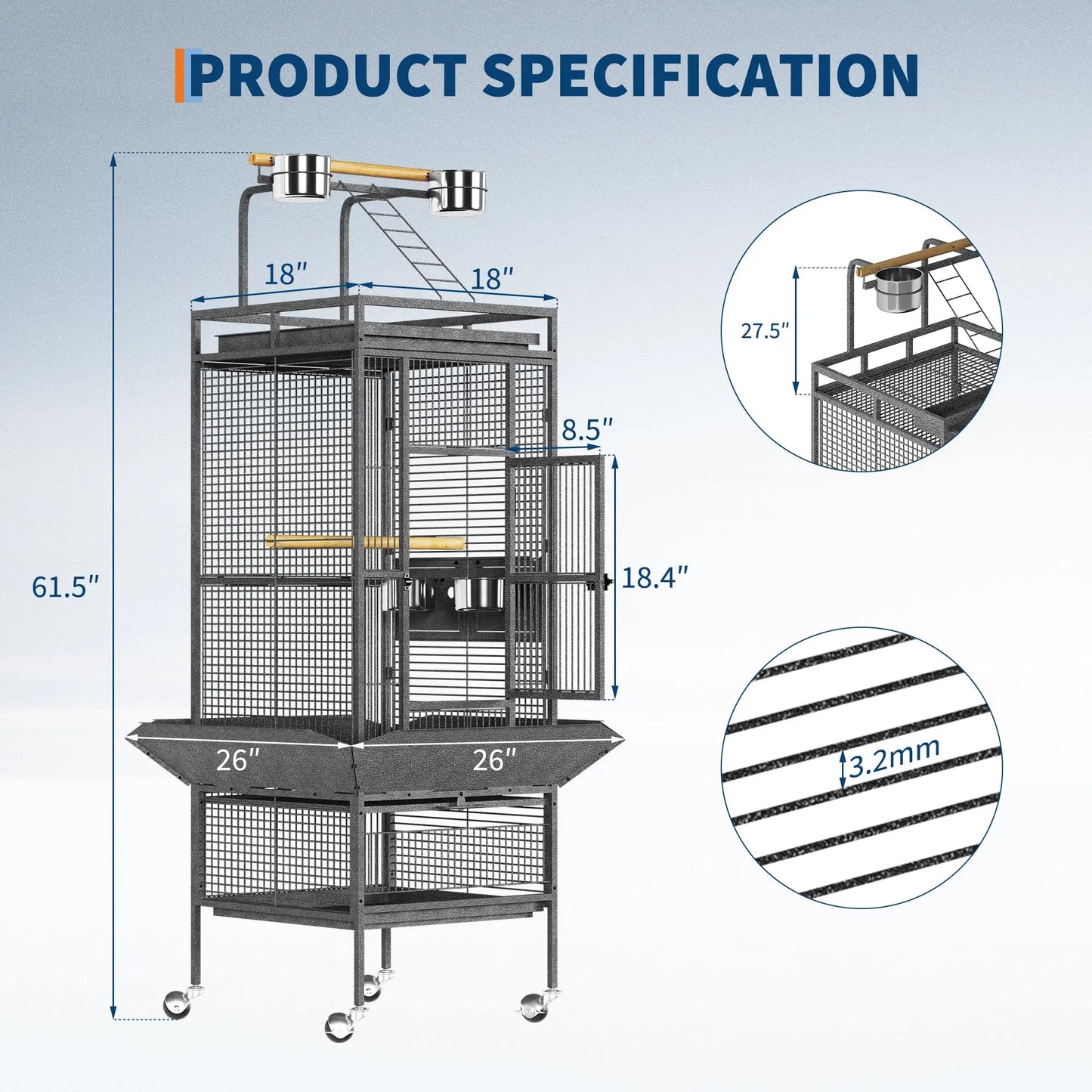 61 Inch Large Bird Cage With Rolling Stand Storage Shelf Slide Out Tray Feeding Bowls Perches For Budgies Small Medium Birds